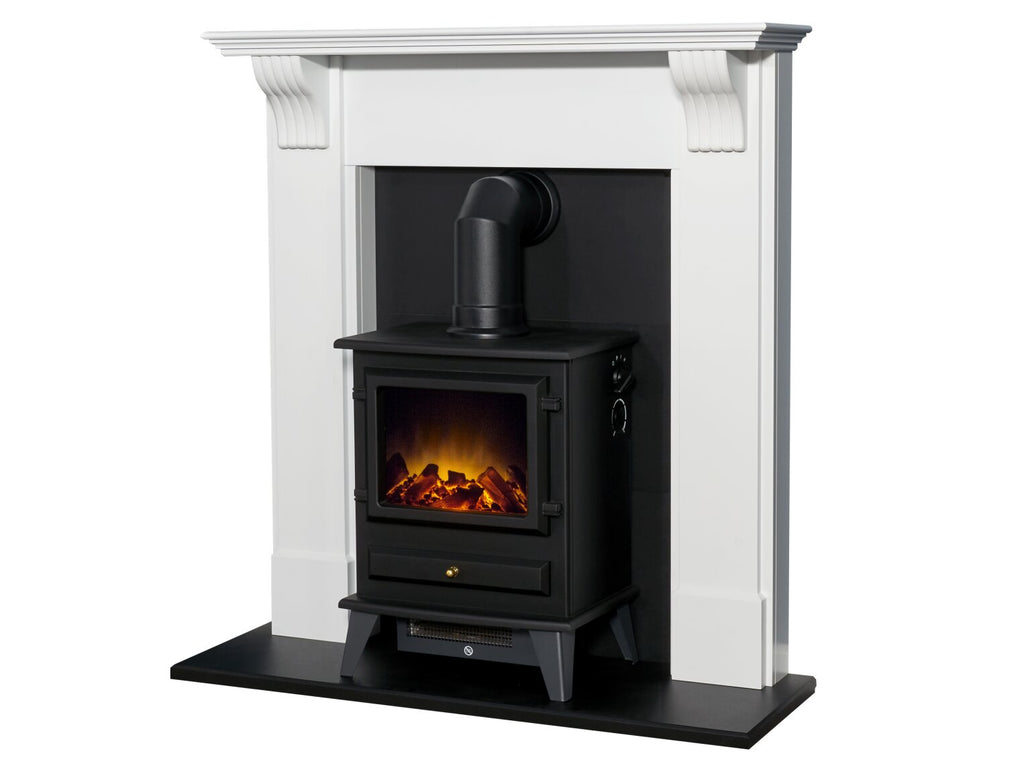 Adam Harrogate Stove Fireplace in Pure White & Black with Hudson Electric Stove in Black, 39 Inch