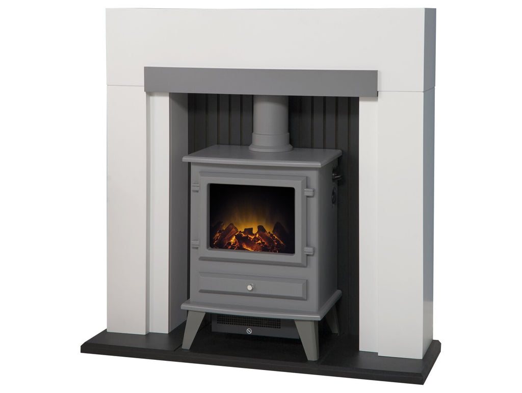 Adam Salzburg in Pure White & Grey with Hudson Electric Stove in Grey, 39 Inch