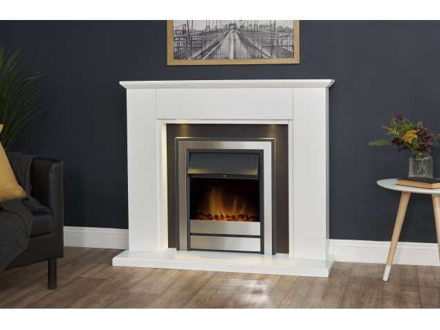 Adam Eltham Fireplace in Pure White & Black with Downlight & Argo Electric Fire in Brushed Steel, 45 Inch