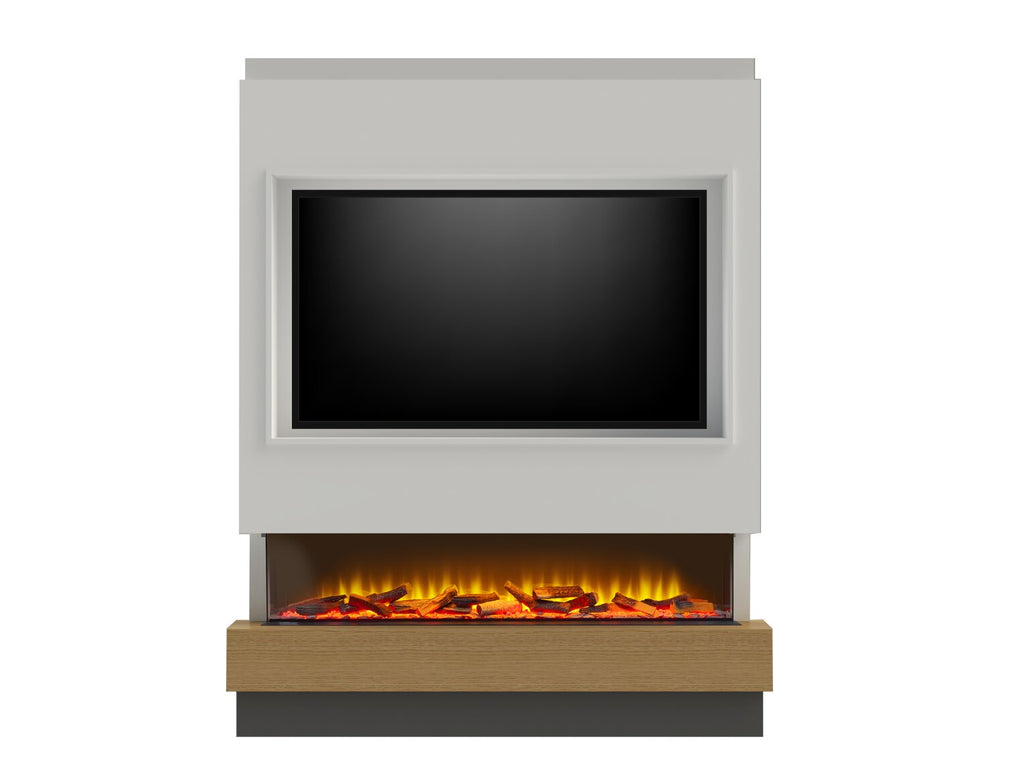 Acantha Matrix Pre-Built Pure White & Oak Effect Panoramic Media Wall & Fire with TV Recess