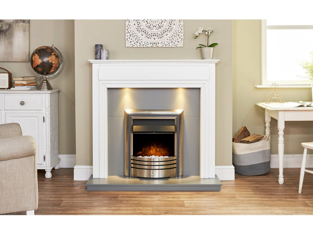 Honley Fireplace in Pure White & Grey with Astralis Electric Fire in Chrome, 48 Inch