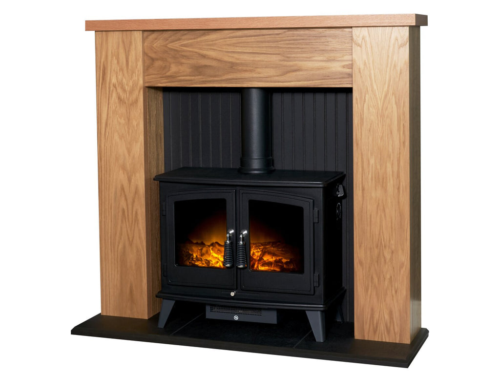 Adam New England Stove Fireplace in Oak & Black with Woodhouse Electric Stove in Black, 48 Inch