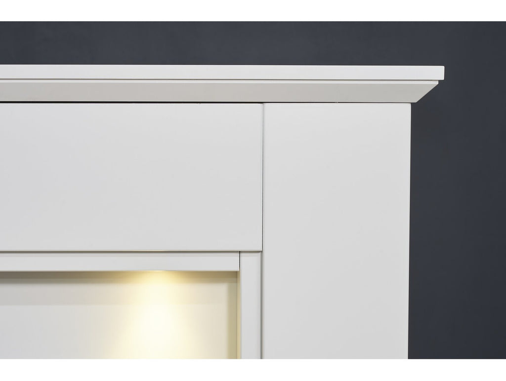 Adam Eltham Fireplace in Pure White with Downlights & Argo Electric Fire in Brushed Steel, 45 Inch