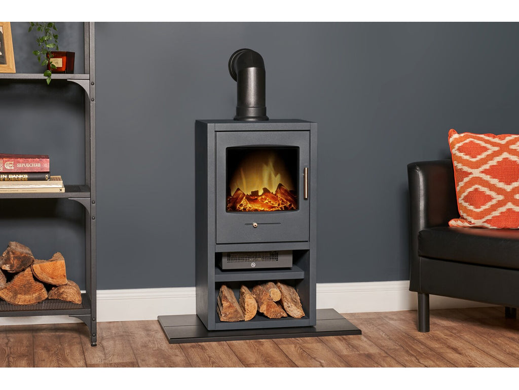 Adam Bergen XL Electric Stove in Charcoal Grey with Angled Stove Pipe