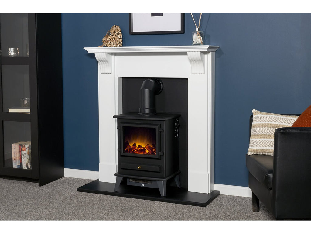 Adam Harrogate Stove Fireplace in Pure White & Black with Hudson Electric Stove in Black, 39 Inch