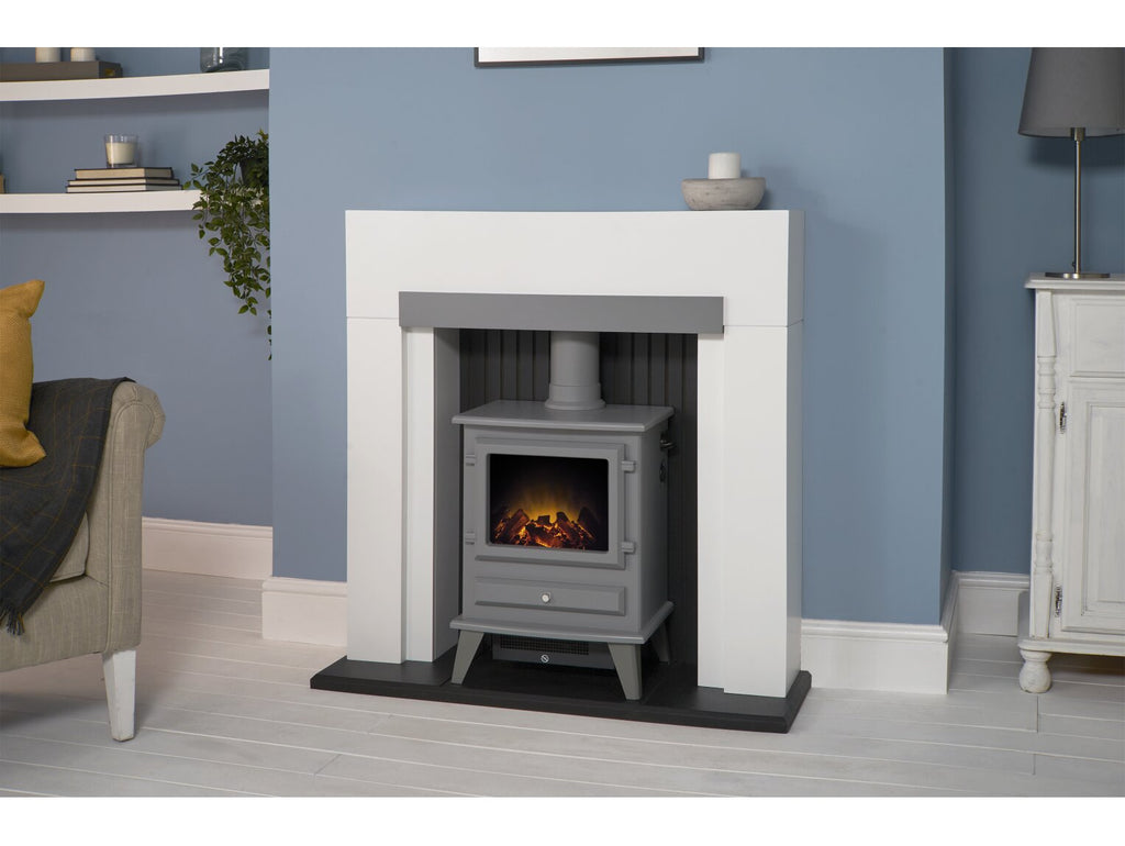 Adam Salzburg in Pure White & Grey with Hudson Electric Stove in Grey, 39 Inch