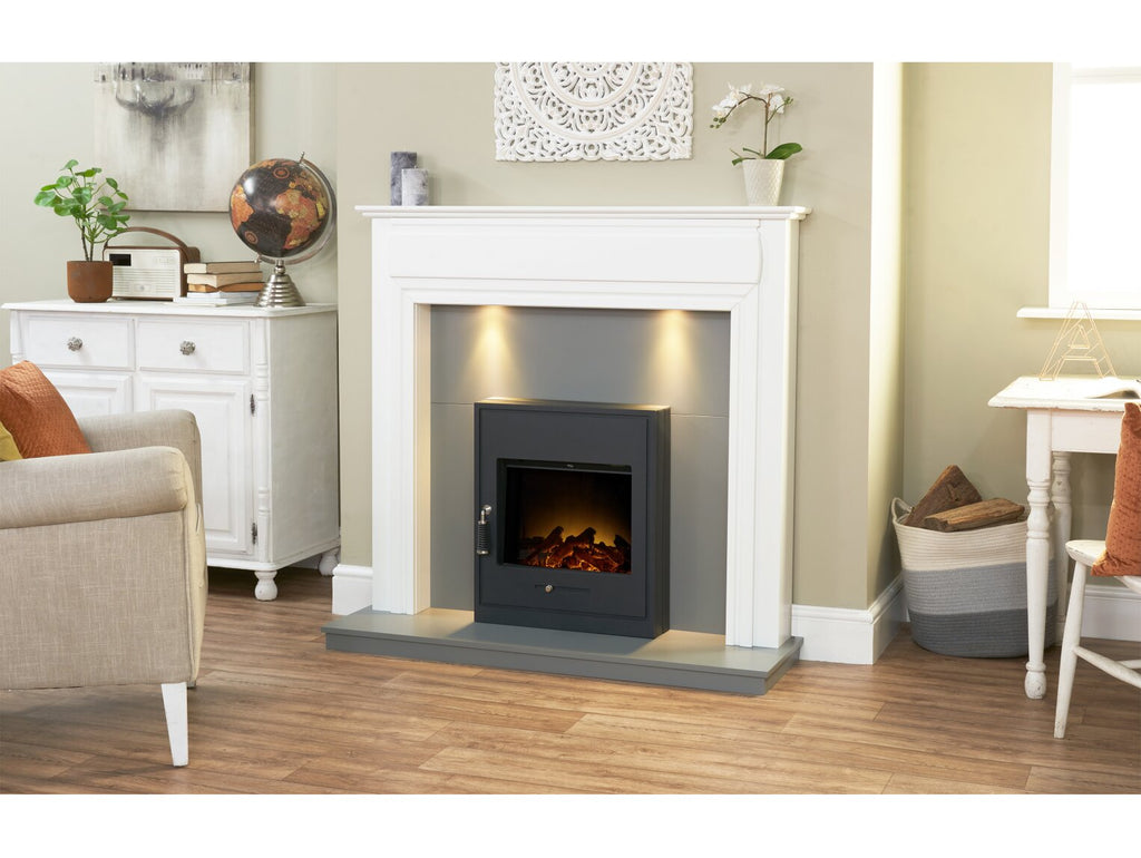 Adam Honley Fireplace in Pure White & Grey with Oslo Electric Inset Stove in Black, 48 Inch