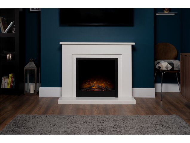 Brixton White Marble Fireplace with Ontario Black Electric Fire, 43 Inch