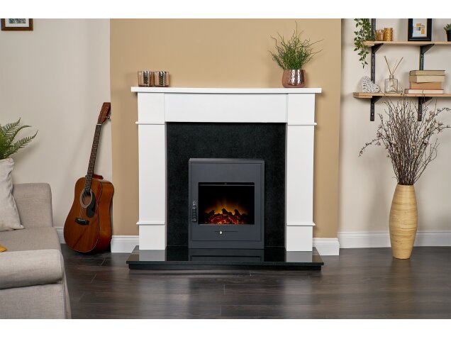 Linton Fireplace with Downlights in Pure White & Granite with Oslo Electric Fire, 48 Inch