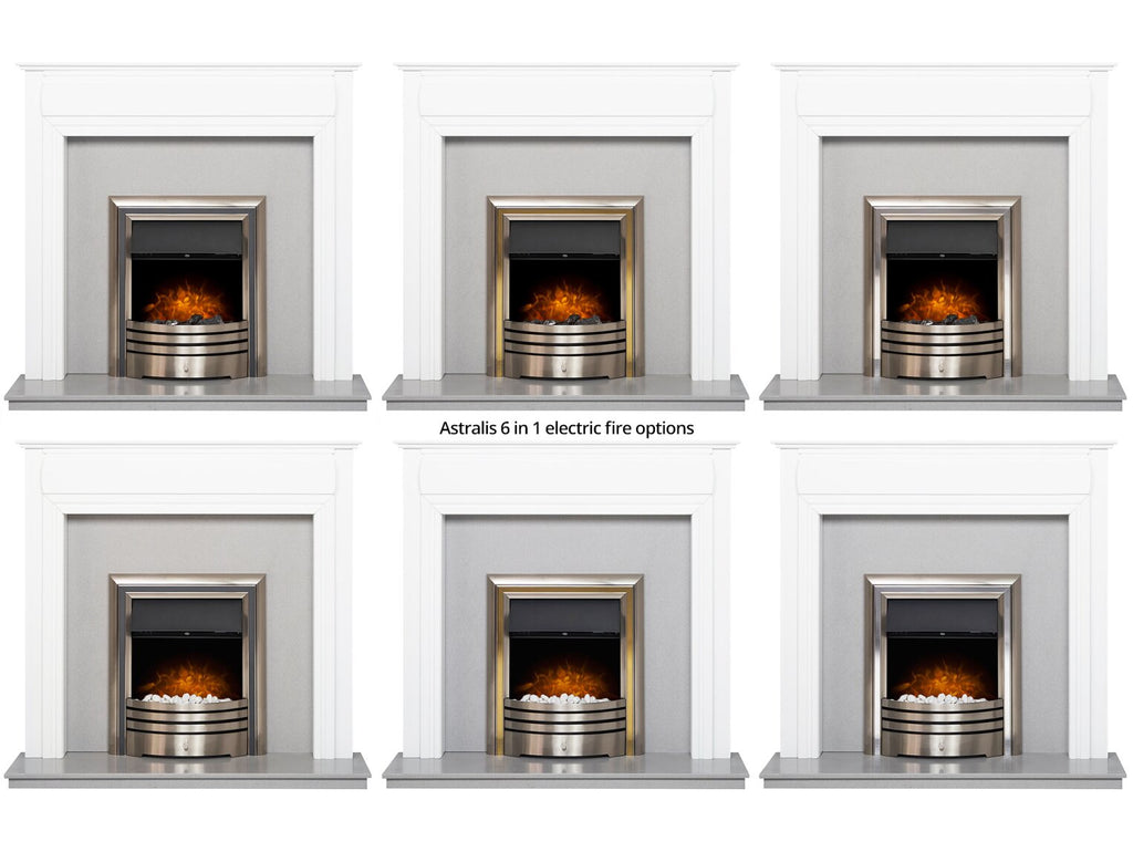 Honley Fireplace in Pure White & Grey with Astralis Electric Fire in Chrome, 48 Inch