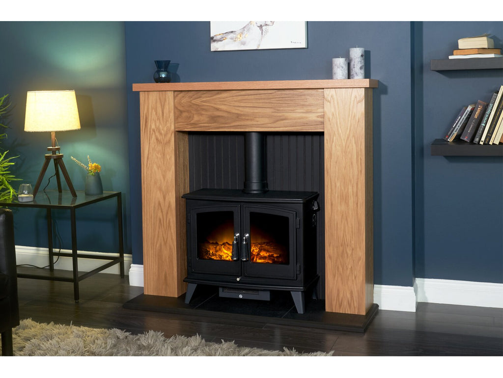 Adam New England Stove Fireplace in Oak & Black with Woodhouse Electric Stove in Black, 48 Inch