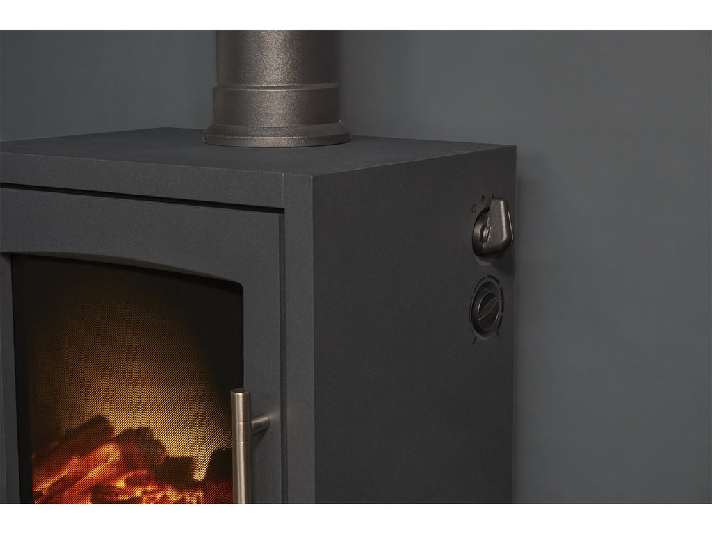 Adam Bergen XL Electric Stove in Charcoal Grey with Angled Stove Pipe