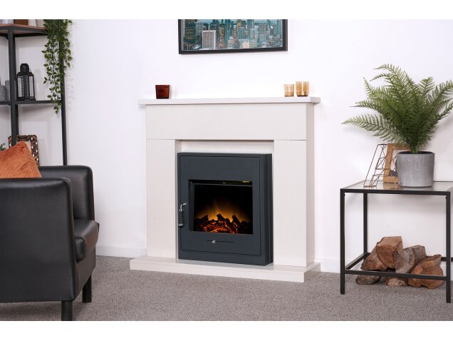 Adam Lomond White Marble Fireplace with Oslo Electric Inset Stove in Black, 39 Inch