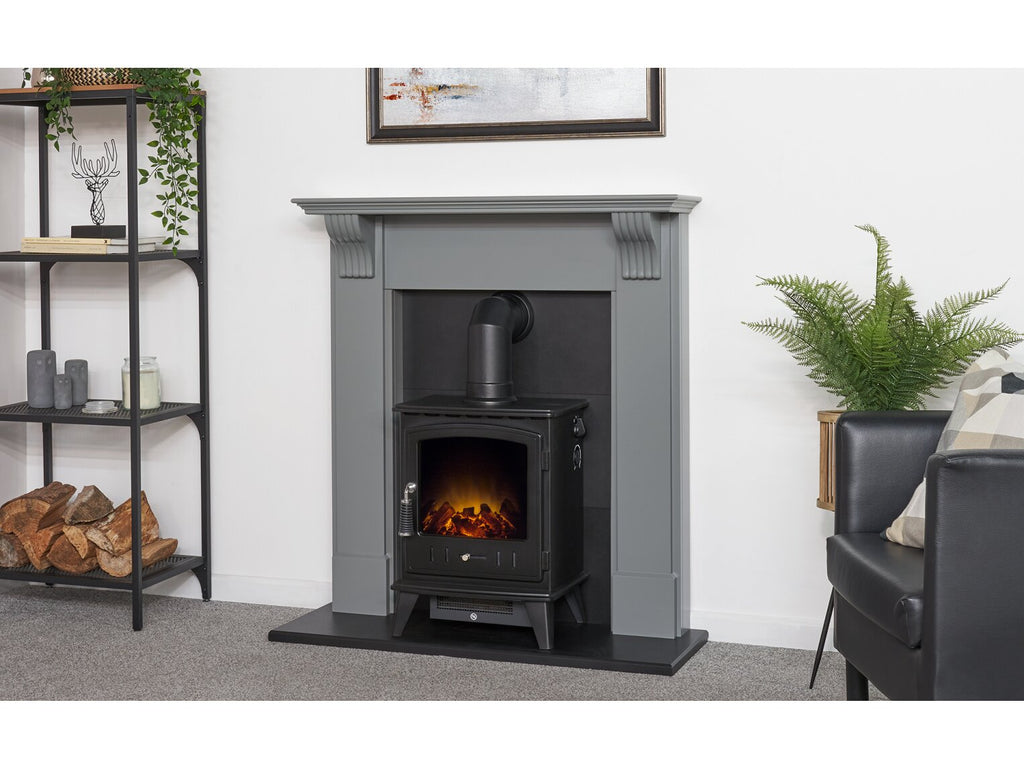 Adam Harrogate Stove Fireplace in Grey & Black with Aviemore Electric Stove in Black, 39 Inch