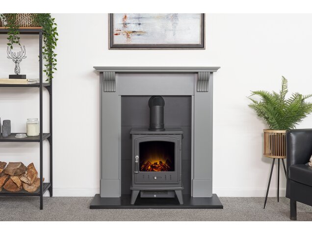 Adam Harrogate Stove Fireplace in Grey & Black with Aviemore Electric Stove in Black, 39 Inch