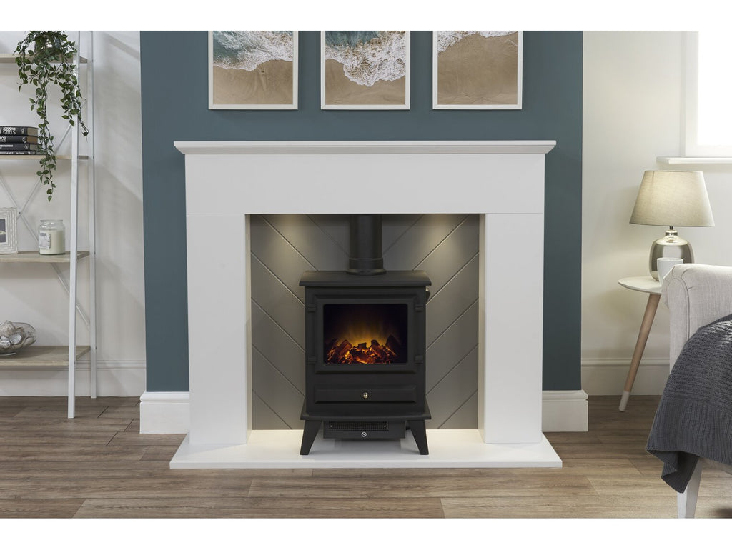 Adam Corinth Stove Fireplace in Pure White & Grey with Downlights & Hudson Electric Stove in Black, 48 Inch