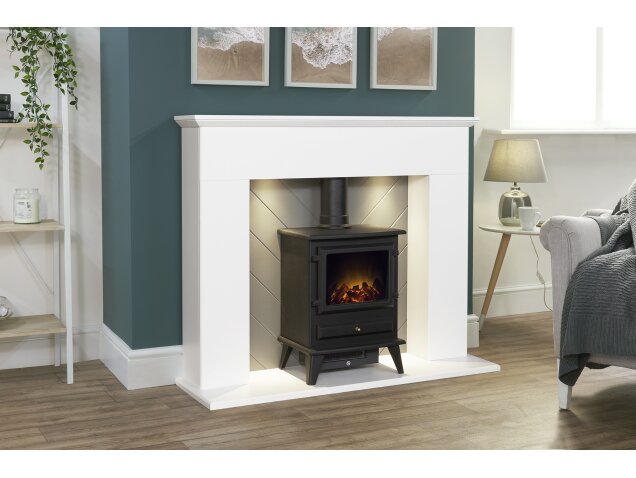 Adam Corinth Stove Fireplace in Pure White & Grey with Downlights & Hudson Electric Stove in Black, 48 Inch