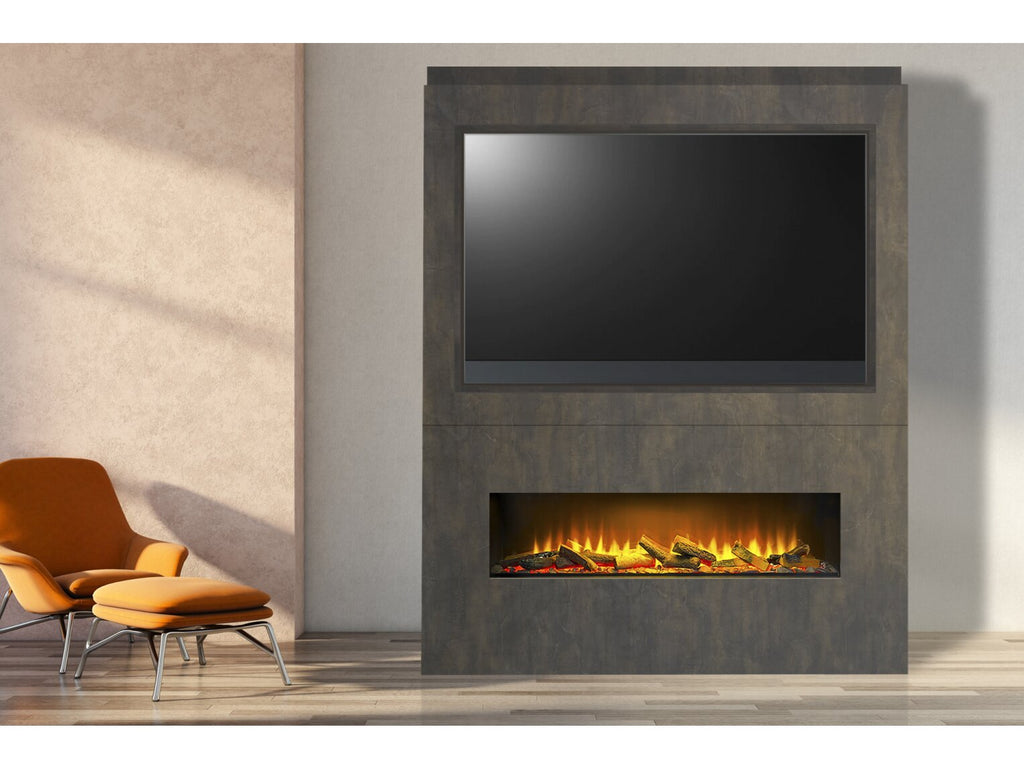 Acantha Nexus Pre-Built Bronze Venetian Plaster Effect Fully Inset Media Wall & fire with TV Recess