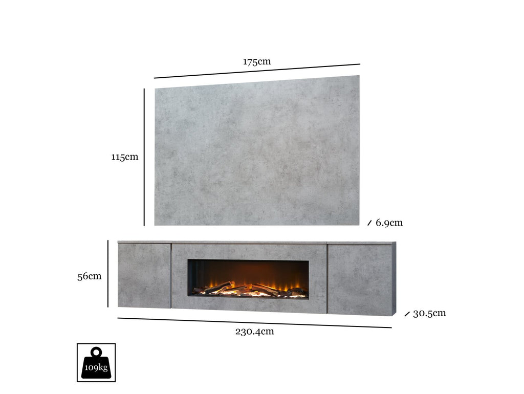 Acantha Orion Electric Floating Media Wall Suite & Fire with TV Backboard in Concrete Effect