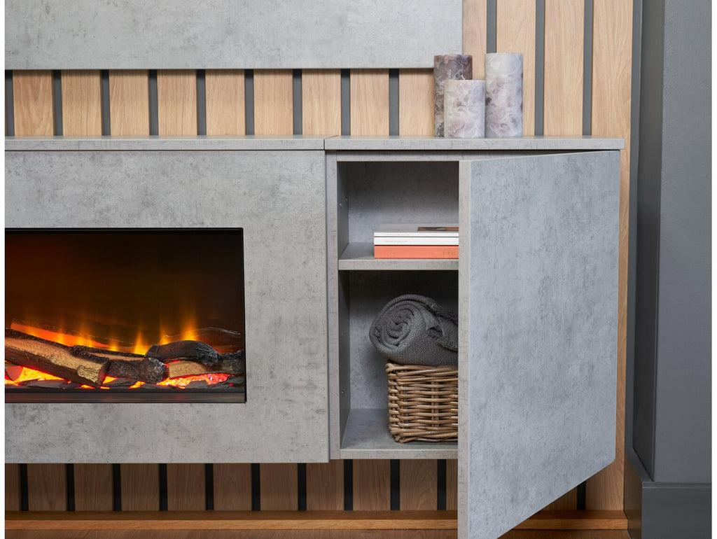 Acantha Orion Electric Floating Media Wall Suite & Fire with TV Backboard in Concrete Effect