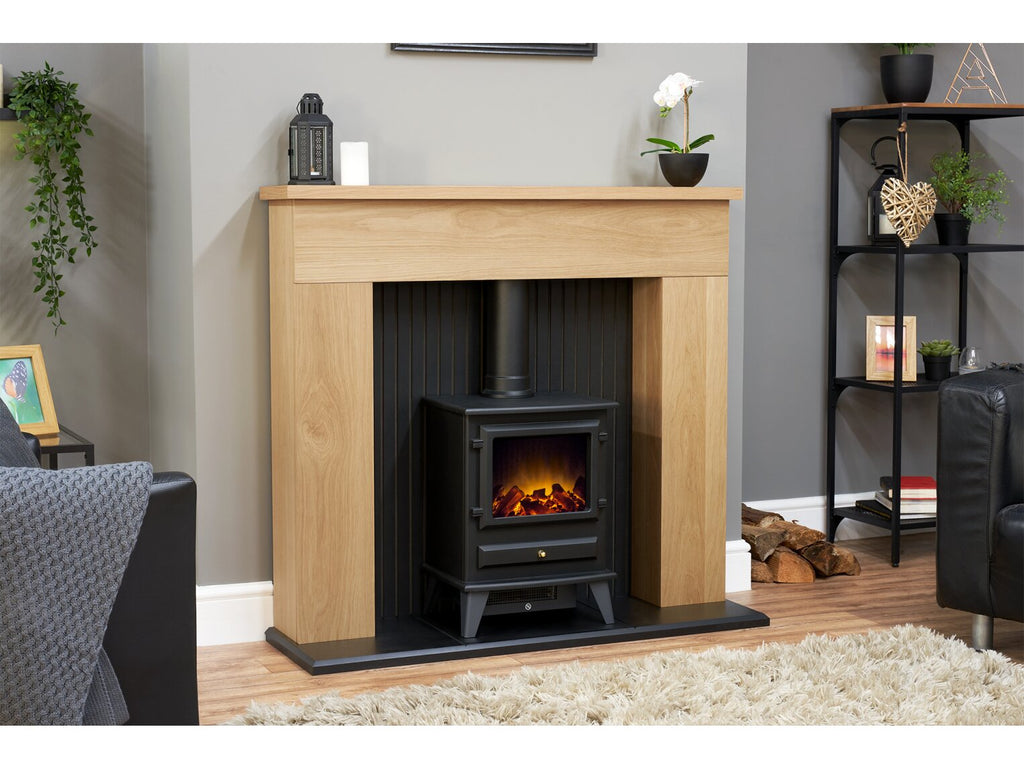 Adam Innsbruck Stove Fireplace in Oak with Hudson Electric Stove in Black, 45 Inch