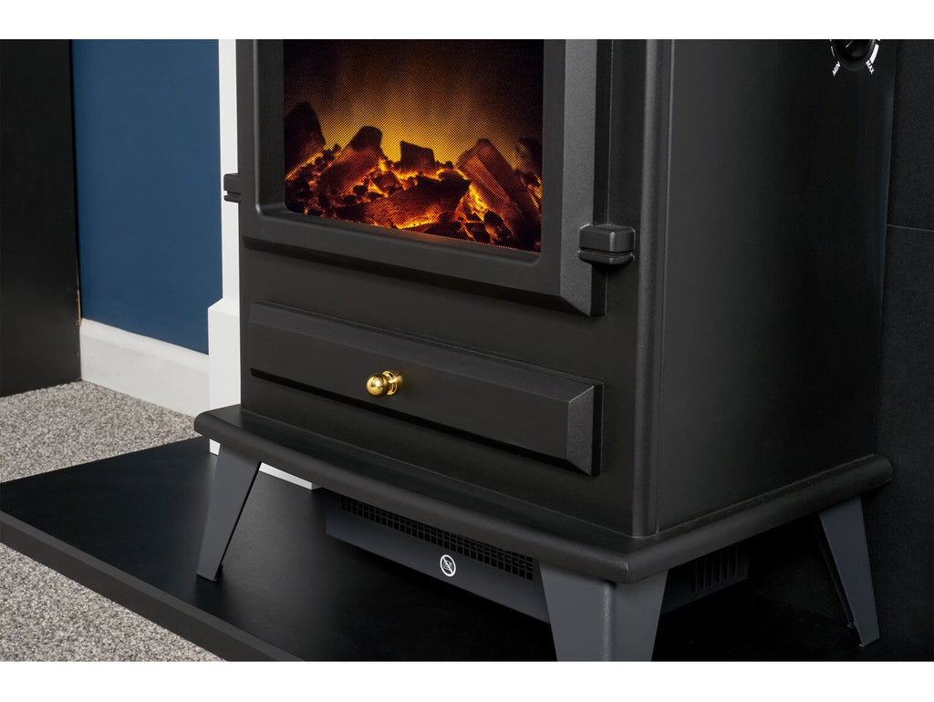 Adam Harrogate Stove Fireplace in Pure White & Black with Hudson Electric Stove in Black, 39 Inch