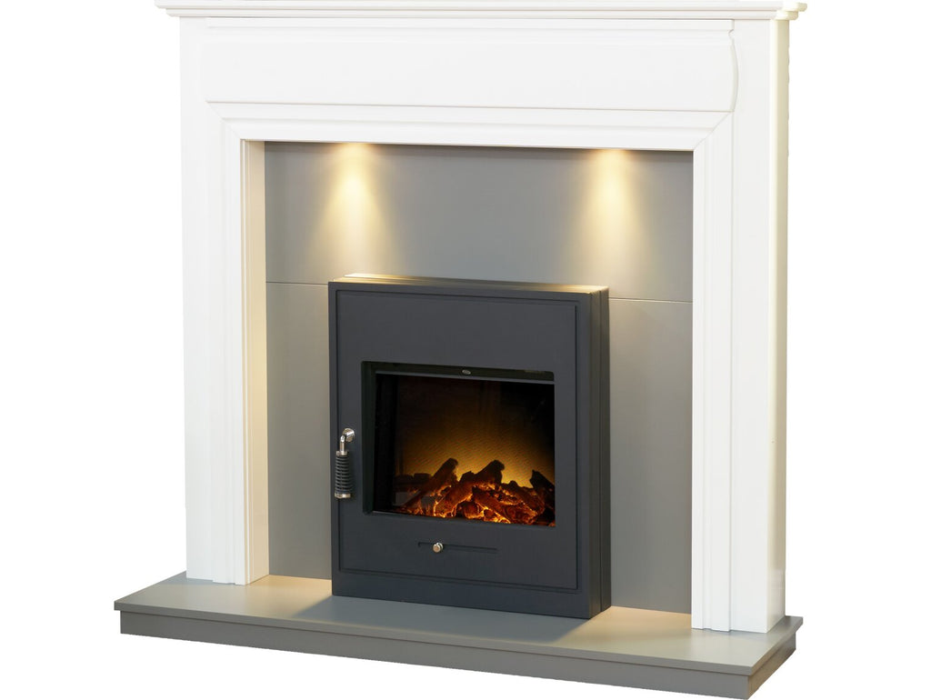 Adam Honley Fireplace in Pure White & Grey with Oslo Electric Inset Stove in Black, 48 Inch