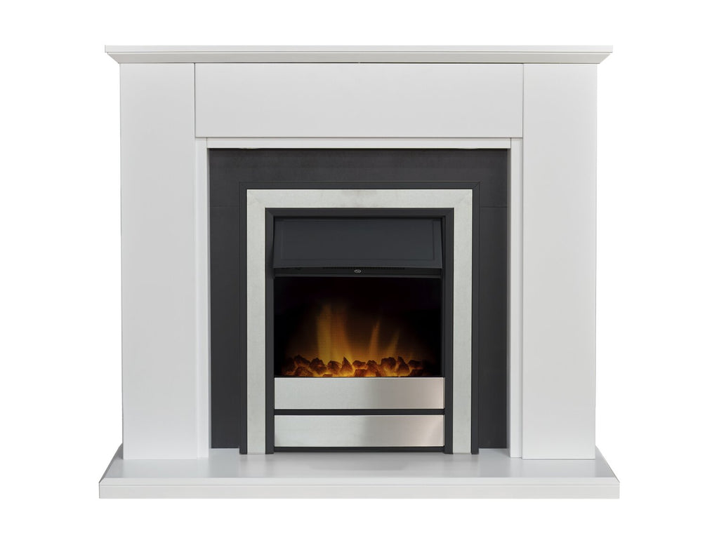 Adam Eltham Fireplace in Pure White & Black with Downlight & Argo Electric Fire in Brushed Steel, 45 Inch