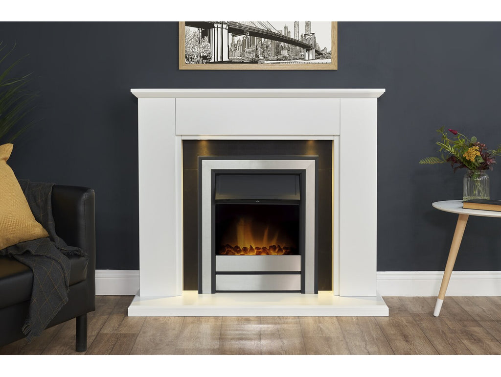 Adam Eltham Fireplace in Pure White & Black with Downlight & Argo Electric Fire in Brushed Steel, 45 Inch