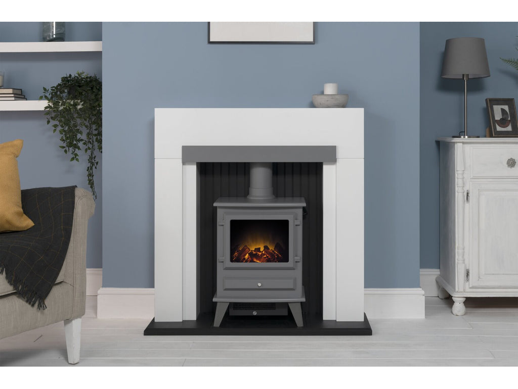 Adam Salzburg in Pure White & Grey with Hudson Electric Stove in Grey, 39 Inch