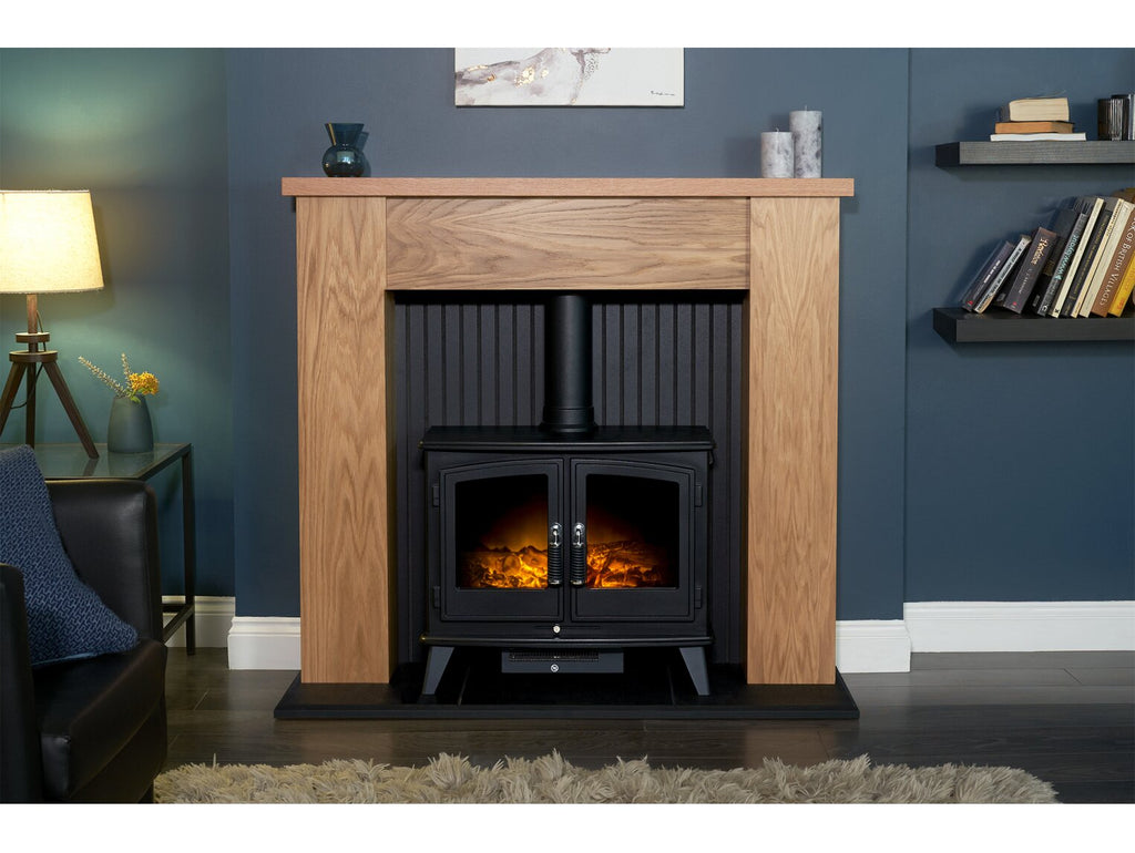 Adam New England Stove Fireplace in Oak & Black with Woodhouse Electric Stove in Black, 48 Inch