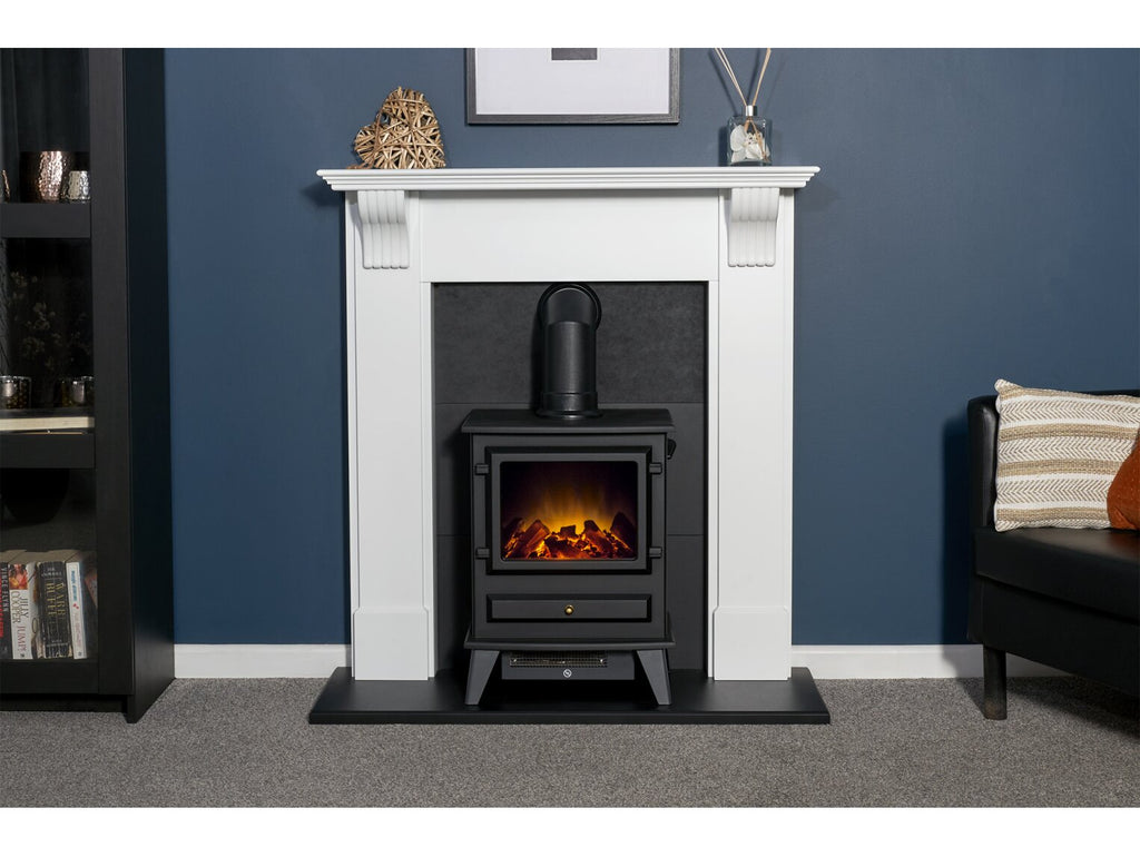 Adam Harrogate Stove Fireplace in Pure White & Black with Hudson Electric Stove in Black, 39 Inch