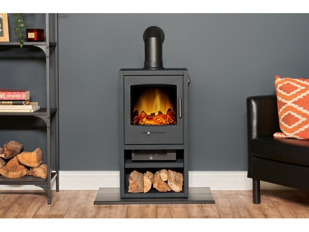 Adam Bergen XL Electric Stove in Charcoal Grey with Angled Stove Pipe