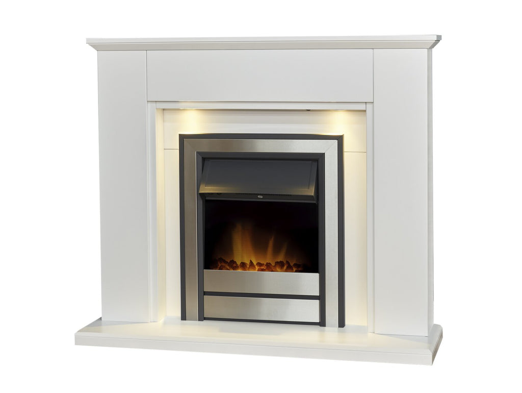 Adam Eltham Fireplace in Pure White with Downlights & Argo Electric Fire in Brushed Steel, 45 Inch