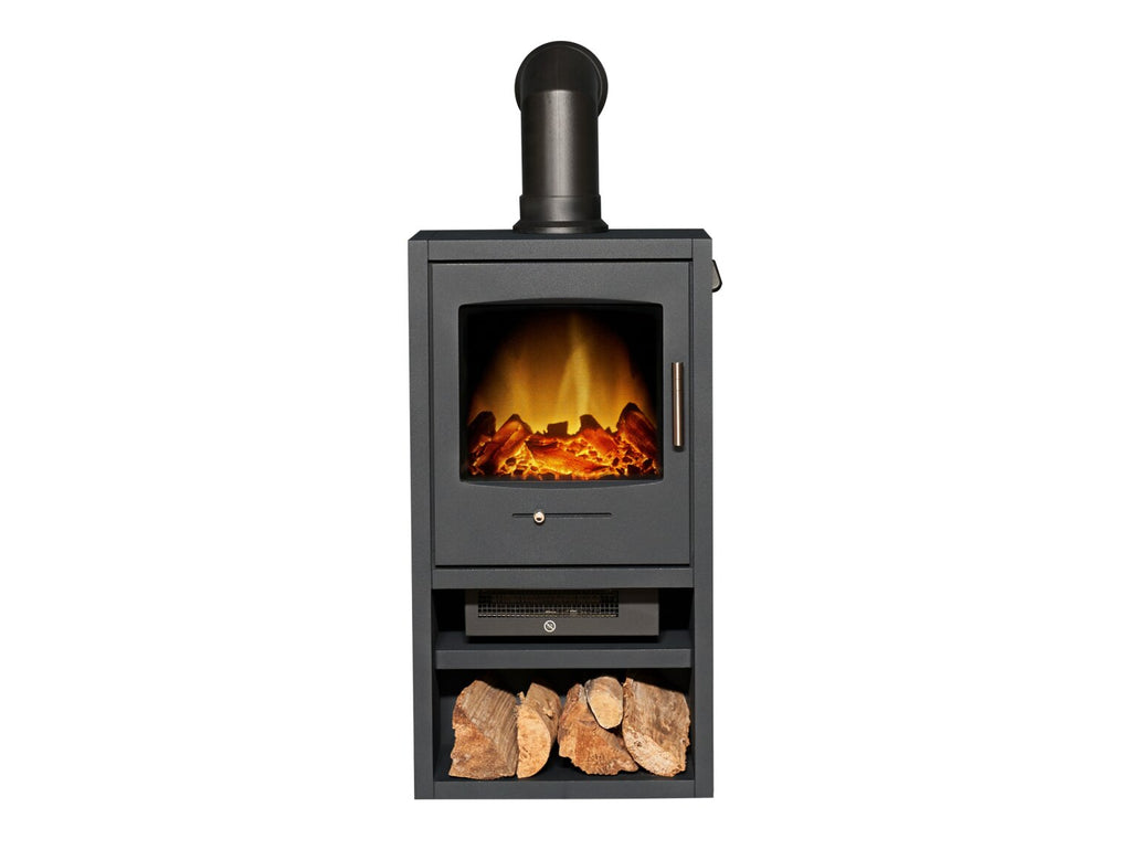 Adam Bergen XL Electric Stove in Charcoal Grey with Angled Stove Pipe