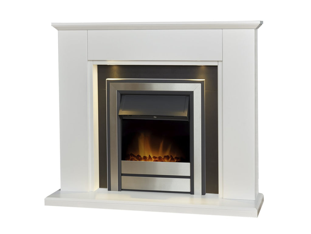 Adam Eltham Fireplace in Pure White & Black with Downlight & Argo Electric Fire in Brushed Steel, 45 Inch