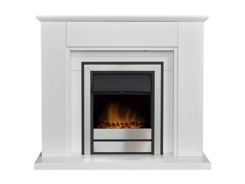 Adam Eltham Fireplace in Pure White with Downlights & Argo Electric Fire in Brushed Steel, 45 Inch