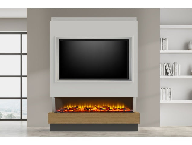 Acantha Matrix Pre-Built Pure White & Oak Effect Panoramic Media Wall & Fire with TV Recess