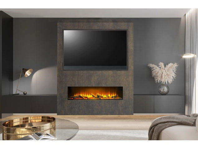 Acantha Nexus Pre-Built Bronze Venetian Plaster Effect Fully Inset Media Wall & fire with TV Recess