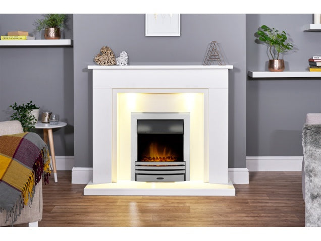 Adam 48" Montreal Marble Fireplace in China White with Eclipse in Chrome Remote Control- Lights - 4.65" Rebate