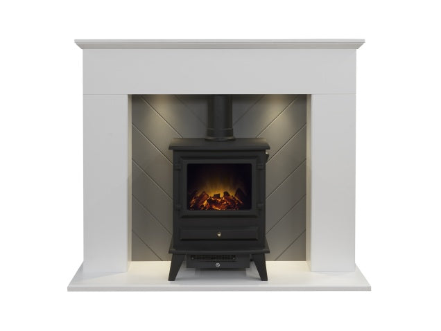 Adam Corinth Stove Fireplace in Pure White & Grey with Downlights & Hudson Electric Stove in Black, 48 Inch