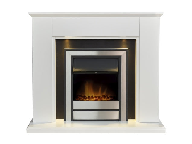 Adam Eltham Fireplace in Pure White & Black with Downlight & Argo Electric Fire in Brushed Steel, 45 Inch