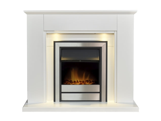 Adam Eltham Fireplace in Pure White with Downlights & Argo Electric Fire in Brushed Steel, 45 Inch