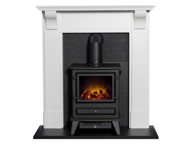 Adam Harrogate Stove Fireplace in Pure White & Black with Hudson Electric Stove in Black, 39 Inch