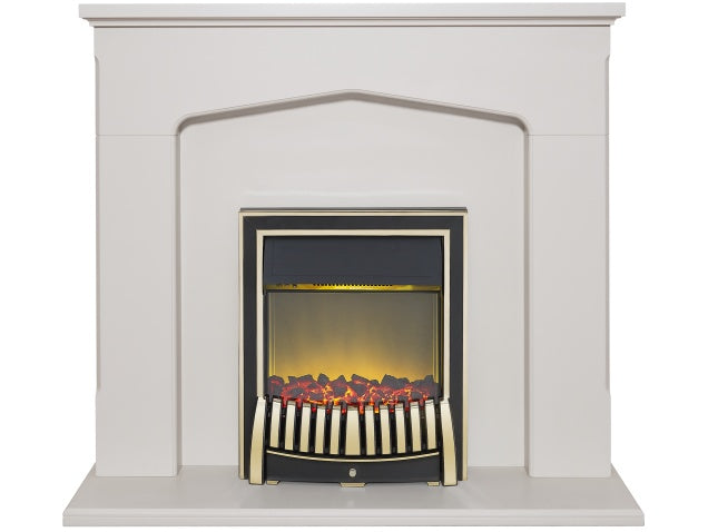 Adam Cotswold Fireplace Suite in Stone Effect with Elan Electric Fire in Brass, 48 Inch