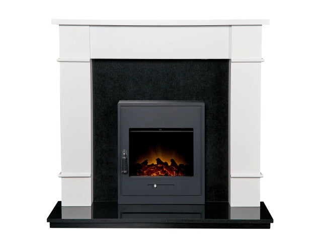 Linton Fireplace with Downlights in Pure White & Granite with Oslo Electric Fire, 48 Inch