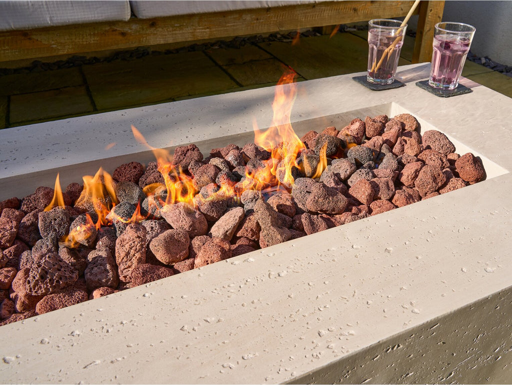 Field & Flame Liana Rectangle Gas Fire Pit in Travertine