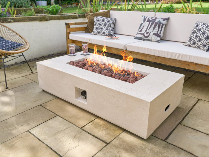 Field & Flame Liana Rectangle Gas Fire Pit in Travertine